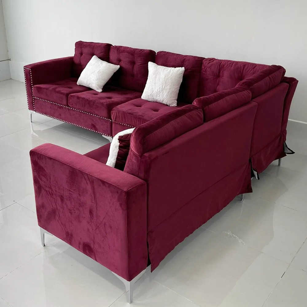 Tekkashop Ghế Sofa Góc Chữ L Nệm Vải Đỏ Viền Đinh Chân Kim Loại