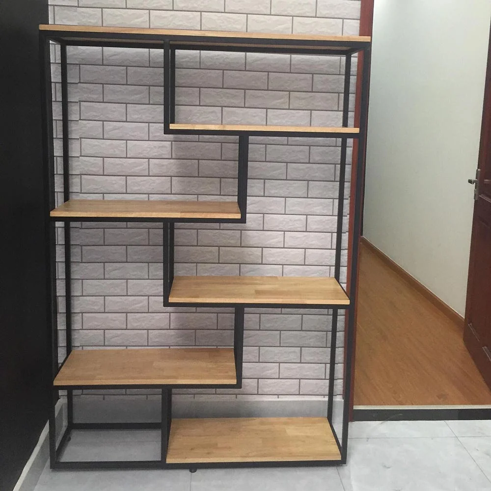 Tekkashop Giá Sách Trang Trí Lệch Tầng So Le Khung Sắt Gỗ Cao Su