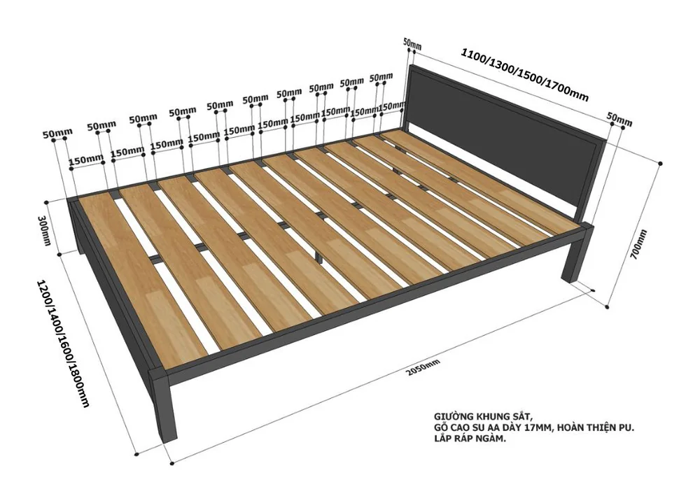 Tekkashop Giường Ngủ Khung Sắt Có Đầu Giường 1200x2000mm Nan Gỗ Cao Su