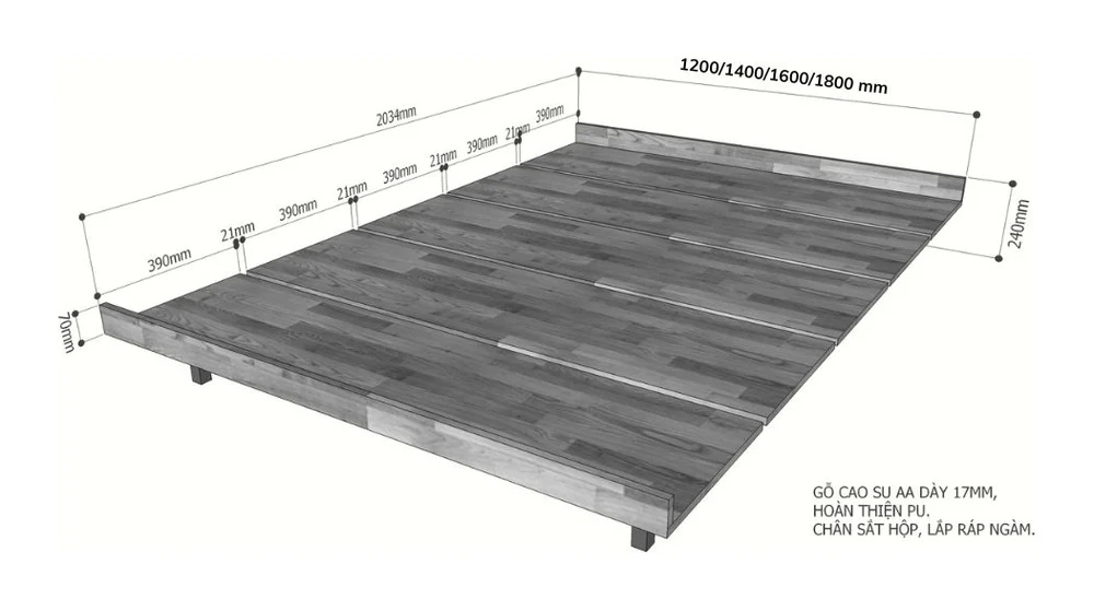 Tekkashop Giường Ngủ Kiểu Bệt Hiện Đại Khung Sắt Lắp Ráp 1200x2000mm Gỗ Cao Su