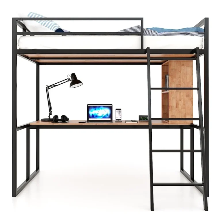 Tekkashop Giường Tầng Kết Hợp Bàn Làm Việc Khung Sắt Tiết Kiệm Diện Tích Gỗ Cao Su