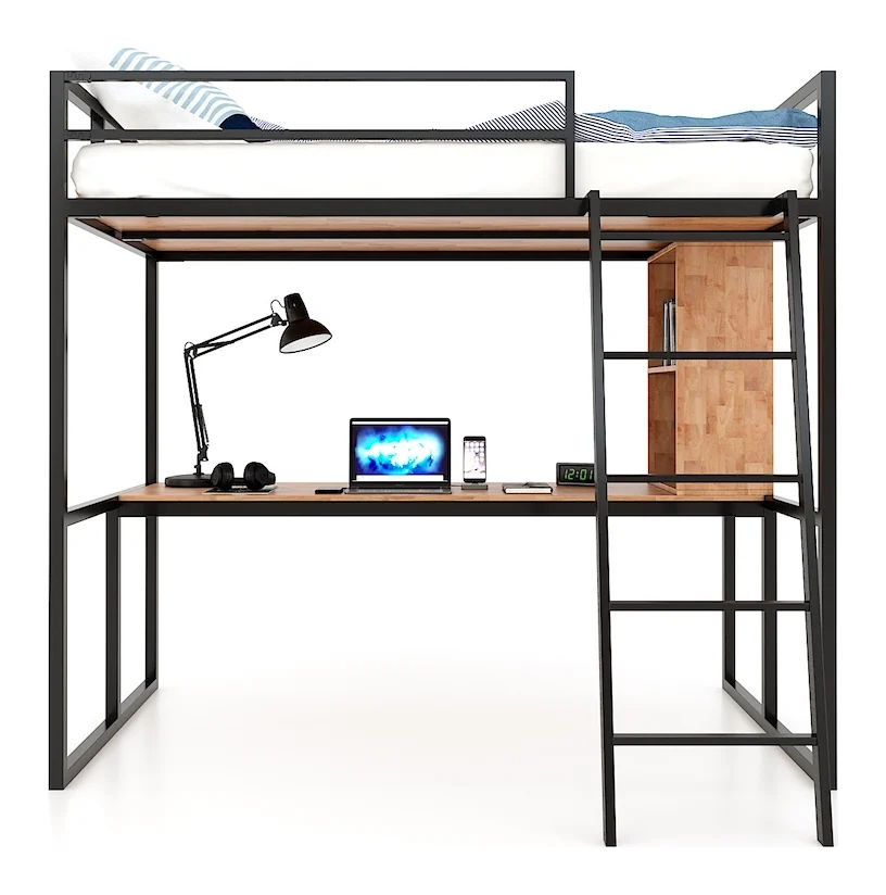 Tekkashop Giường Tầng Kết Hợp Bàn Làm Việc Khung Sắt Tiết Kiệm Diện Tích Gỗ Cao Su