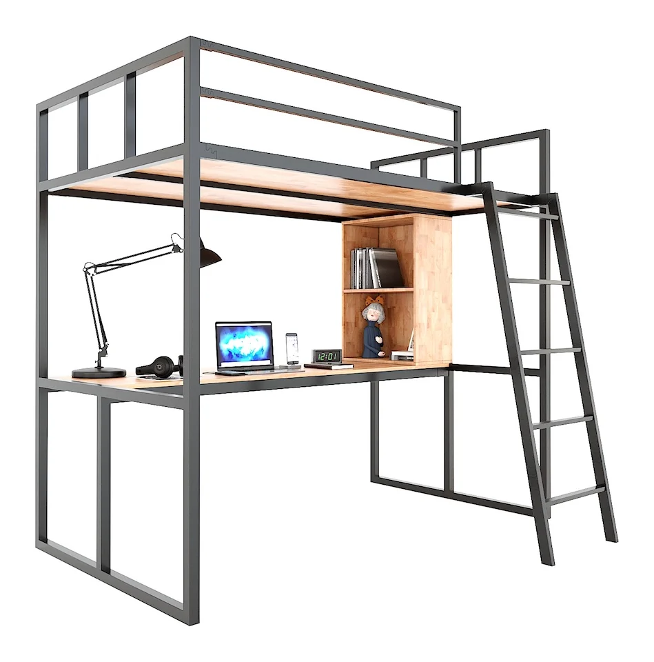 Tekkashop Giường Tầng Kết Hợp Bàn Làm Việc Khung Sắt Tiết Kiệm Diện Tích Gỗ Cao Su