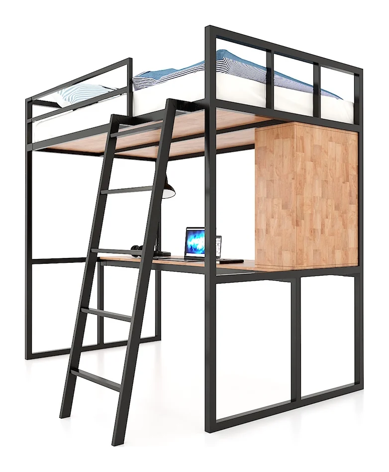 Tekkashop Giường Tầng Kết Hợp Bàn Làm Việc Khung Sắt Tiết Kiệm Diện Tích Gỗ Cao Su