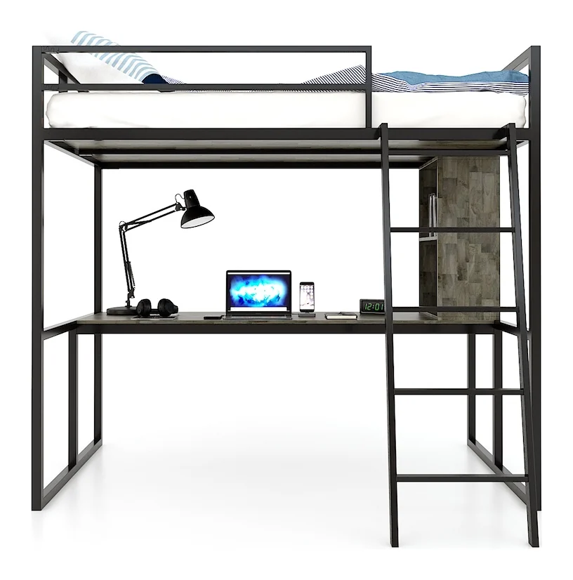 Tekkashop Giường Tầng Kết Hợp Bàn Làm Việc Khung Sắt Tiết Kiệm Diện Tích Gỗ Cao Su