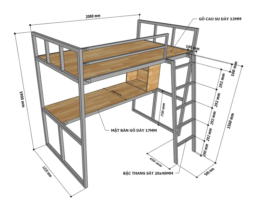 Tekkashop Giường Tầng Kết Hợp Bàn Làm Việc Khung Sắt Tiết Kiệm Diện Tích Gỗ Cao Su