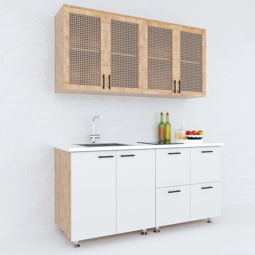 Tekkashop Hệ Tủ Bếp Mini Hiện Đại Cửa Lưới Mây Dài 1600mm Gỗ Cao Su
