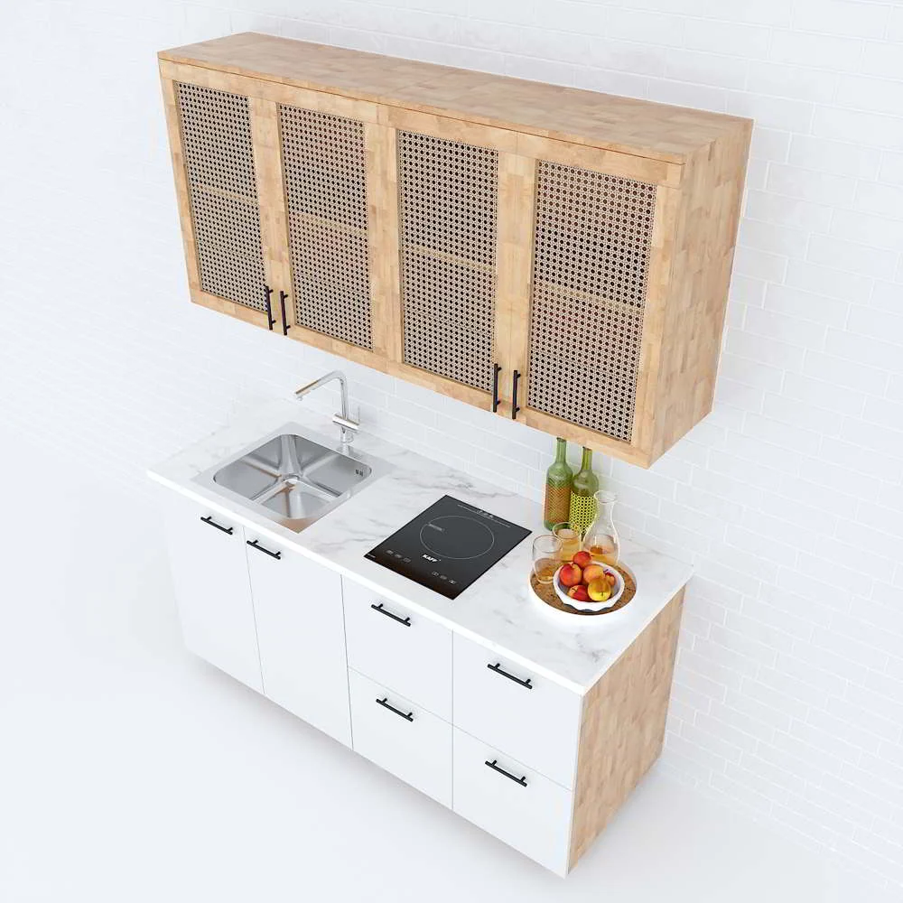 Tekkashop Hệ Tủ Bếp Mini Hiện Đại Cửa Lưới Mây Dài 1600mm Gỗ Cao Su