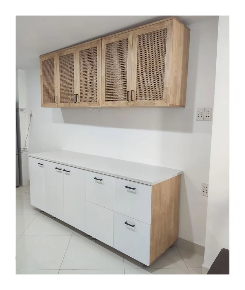 Tekkashop Hệ Tủ Bếp Mini Hiện Đại Cửa Lưới Mây Dài 1600mm Gỗ Cao Su