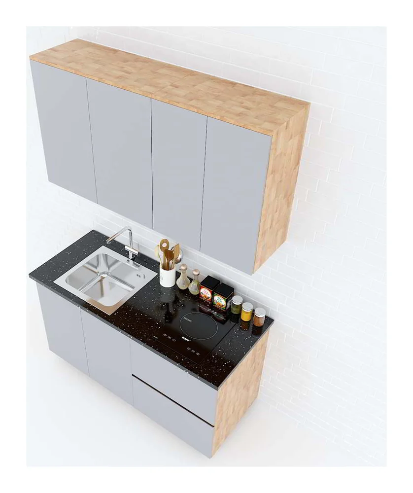 Tekkashop Hệ Tủ Bếp Mini Hiện Đại Tủ Dưới 2 Ngăn Kéo Dài 1400mm Gỗ Cao Su