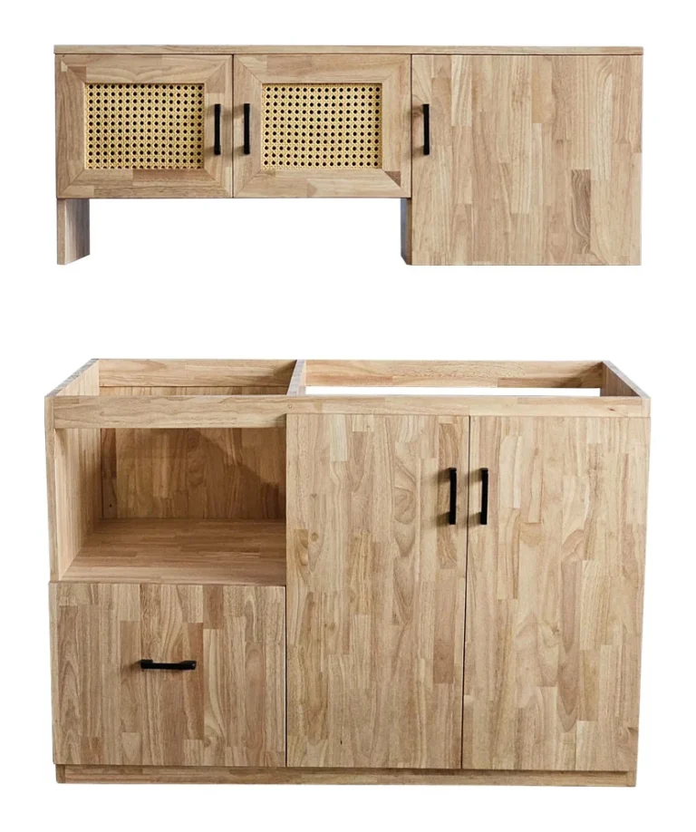 Tekkashop Hệ Tủ Bếp Mini Tủ Trên Và Tủ Dưới Cửa Lưới Mây Gỗ Cao Su