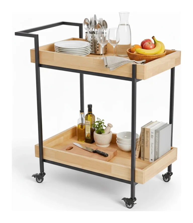 Tekkashop Kệ Đẩy Di Động 2 Tầng Có Tay Đẩy Khung Sắt Gỗ Cao Su