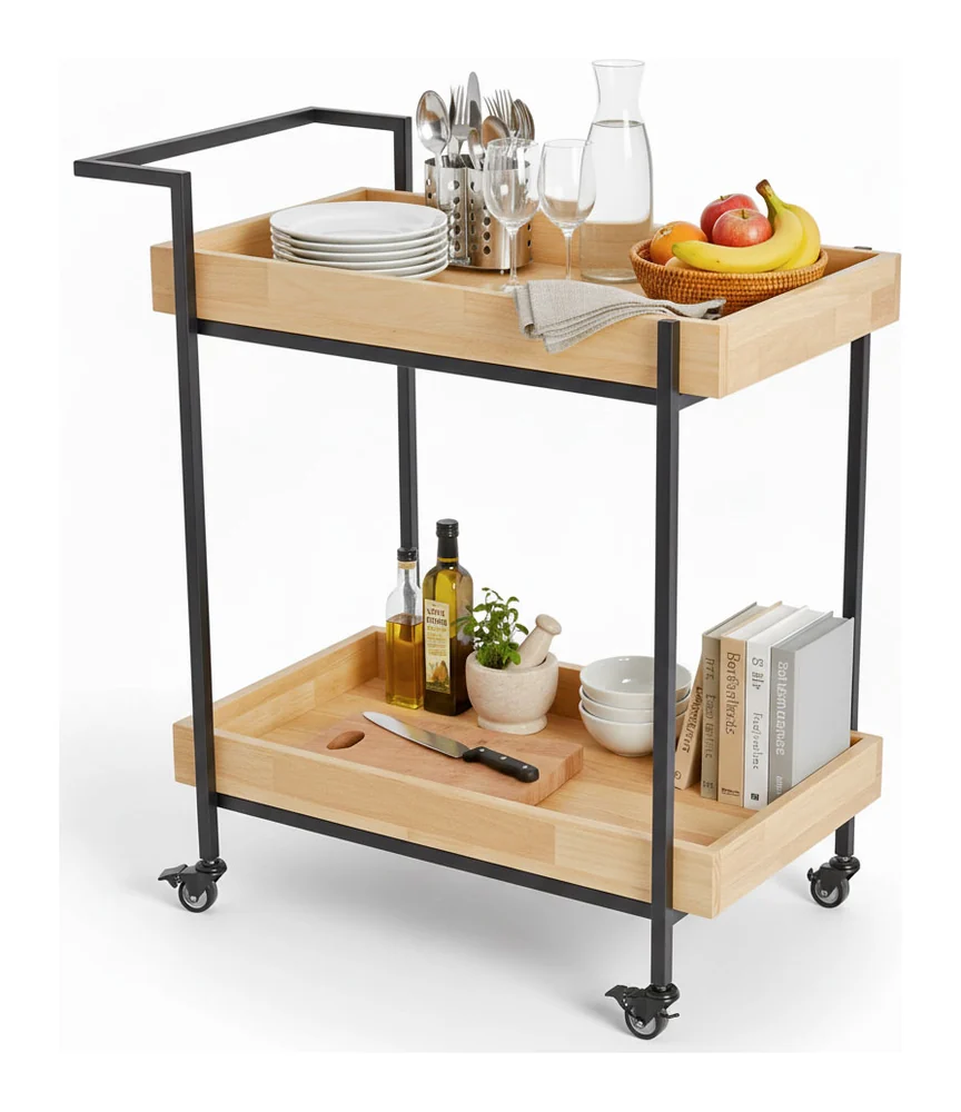 Tekkashop Kệ Đẩy Di Động 2 Tầng Có Tay Đẩy Khung Sắt Gỗ Cao Su