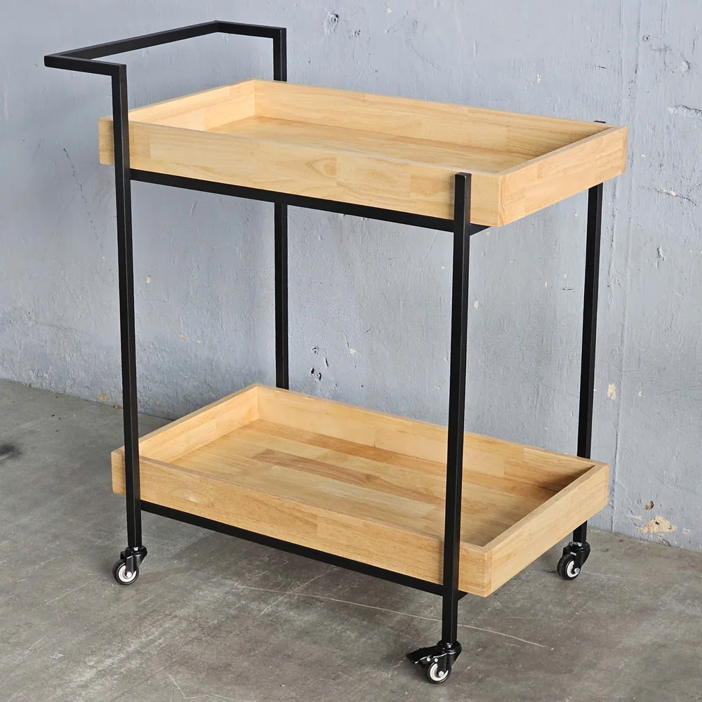 Tekkashop Kệ Đẩy Di Động 2 Tầng Có Tay Đẩy Khung Sắt Gỗ Cao Su