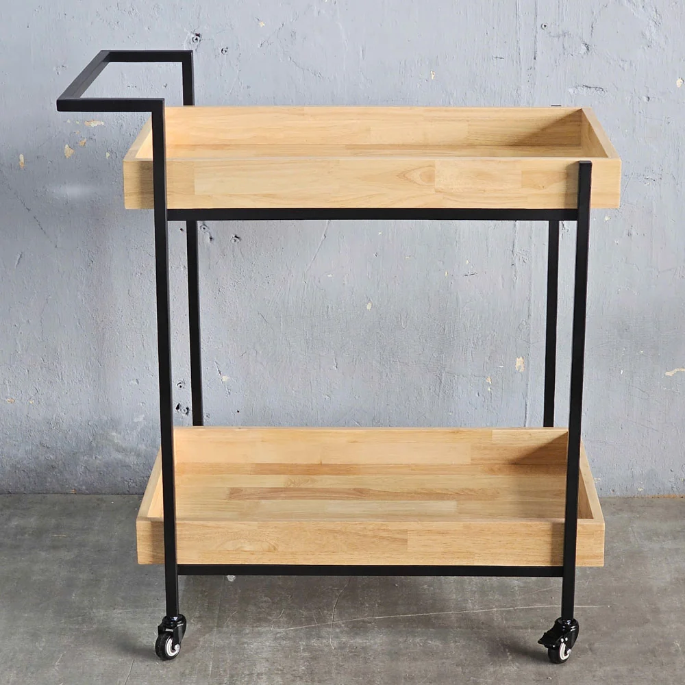 Tekkashop Kệ Đẩy Di Động 2 Tầng Có Tay Đẩy Khung Sắt Gỗ Cao Su