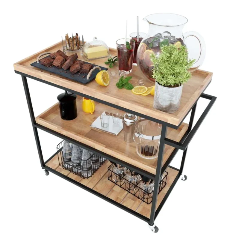 Tekkashop Kệ Đẩy Di Động 3 Tầng Cỡ Lớn Khung Sắt Gỗ Cao Su