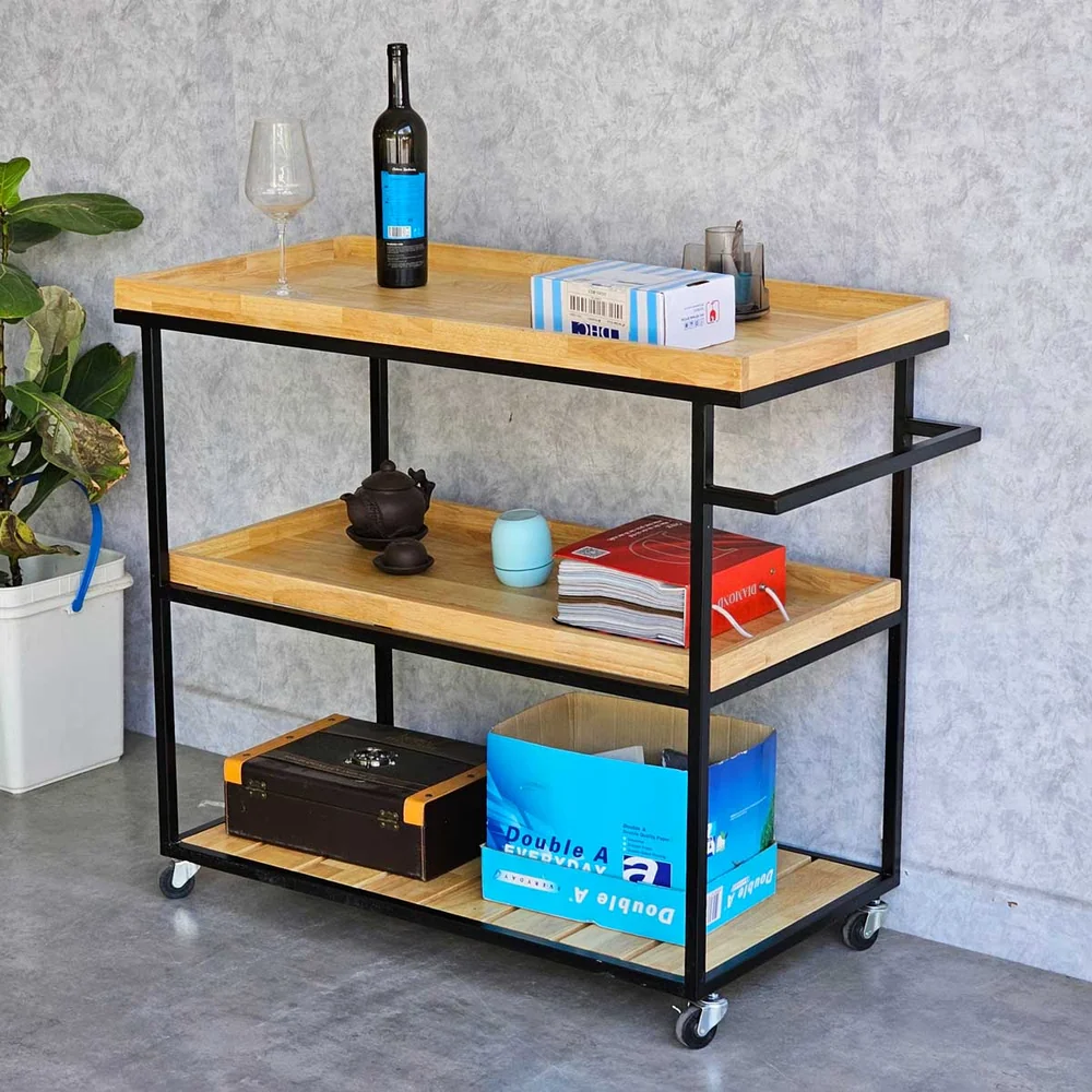Tekkashop Kệ Đẩy Di Động 3 Tầng Cỡ Lớn Khung Sắt Gỗ Cao Su