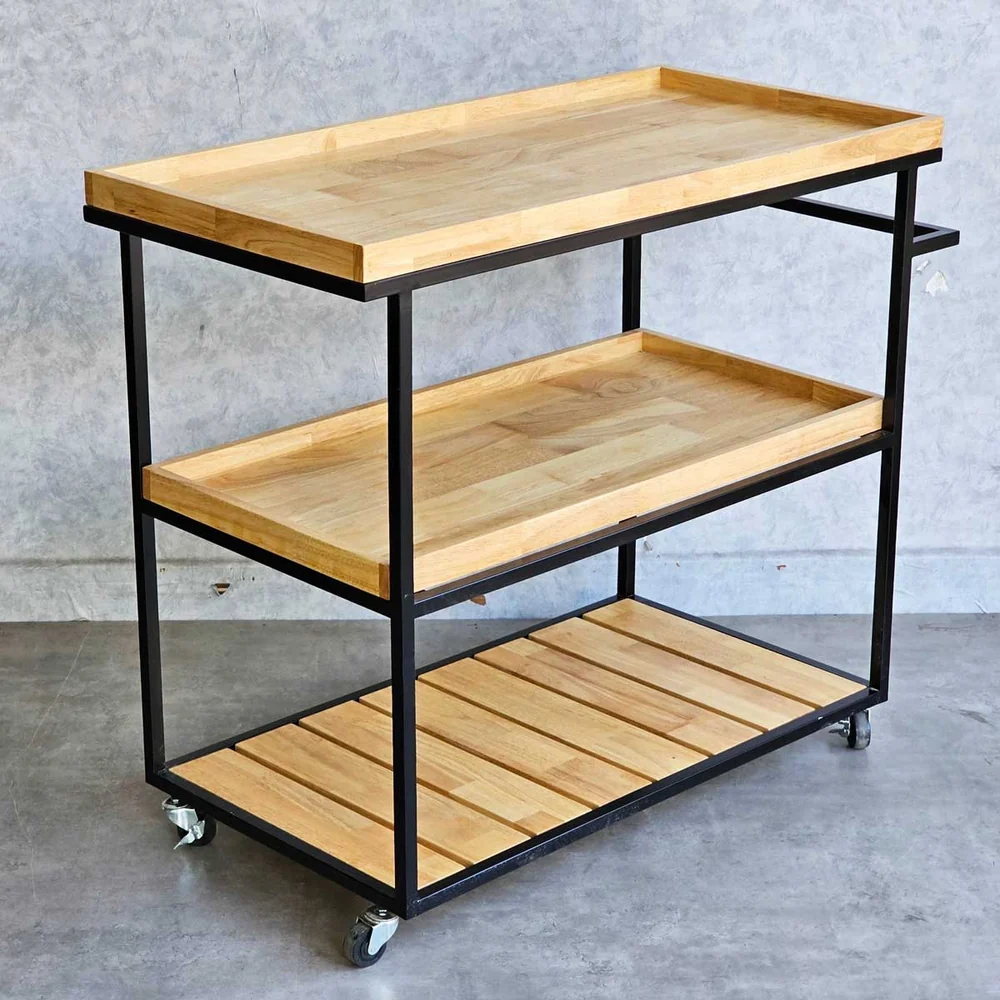 Tekkashop Kệ Đẩy Di Động 3 Tầng Cỡ Lớn Khung Sắt Gỗ Cao Su