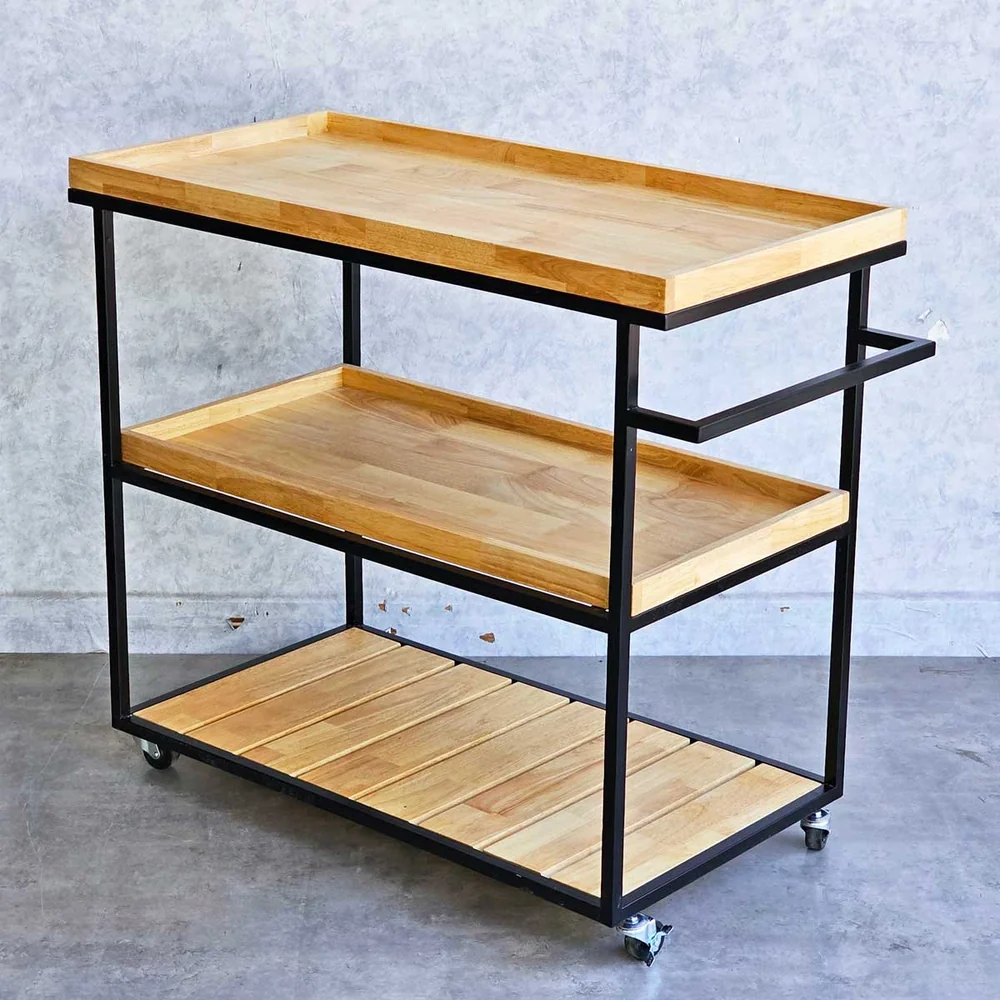 Tekkashop Kệ Đẩy Di Động 3 Tầng Cỡ Lớn Khung Sắt Gỗ Cao Su