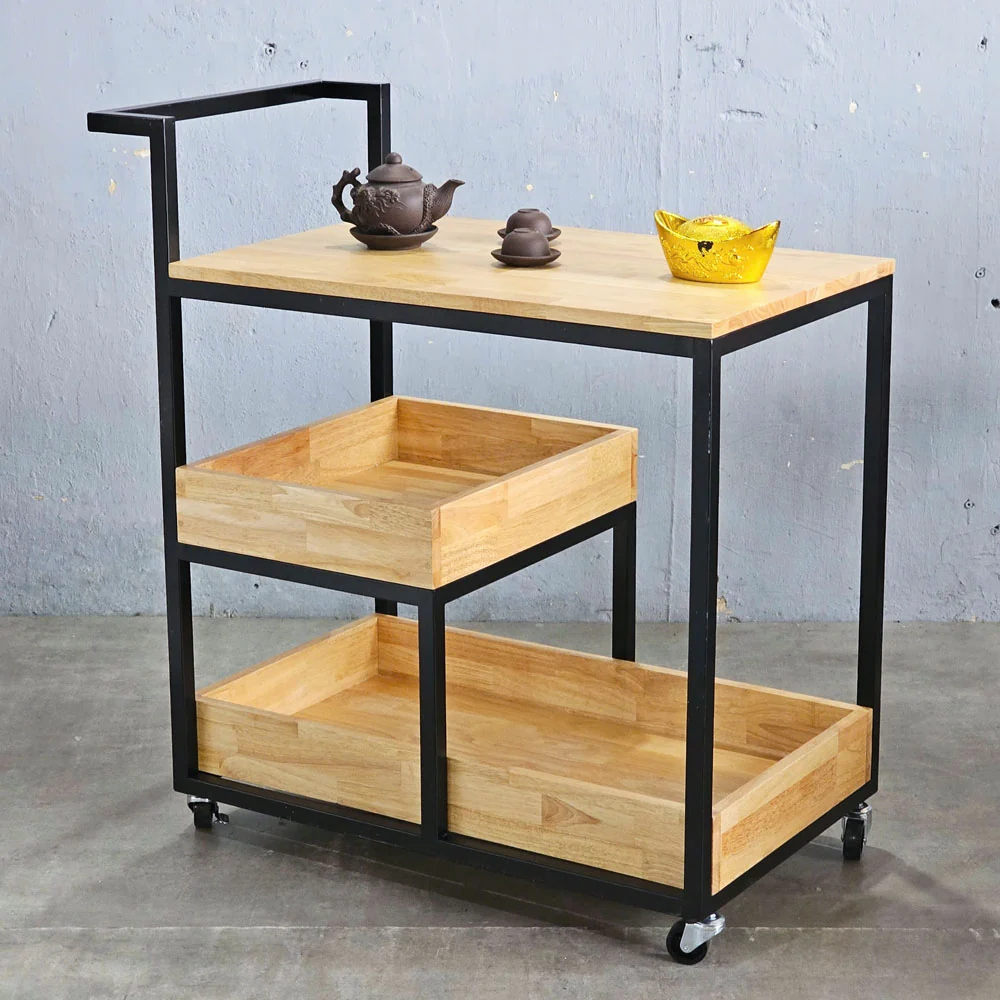 Tekkashop Kệ Đẩy Di Động 3 Tầng Đa Năng Có Tay Đẩy Gỗ Cao Su