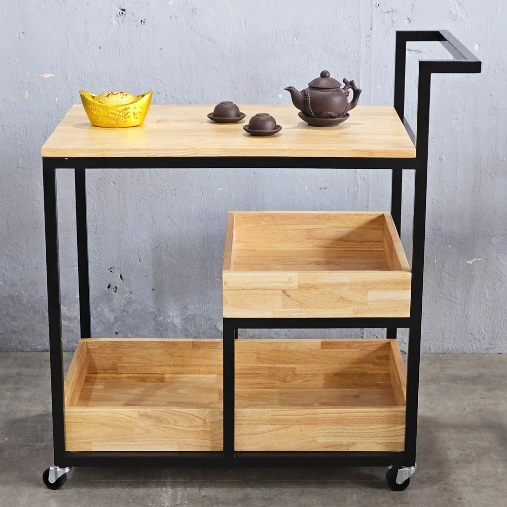 Tekkashop Kệ Đẩy Di Động 3 Tầng Đa Năng Có Tay Đẩy Gỗ Cao Su
