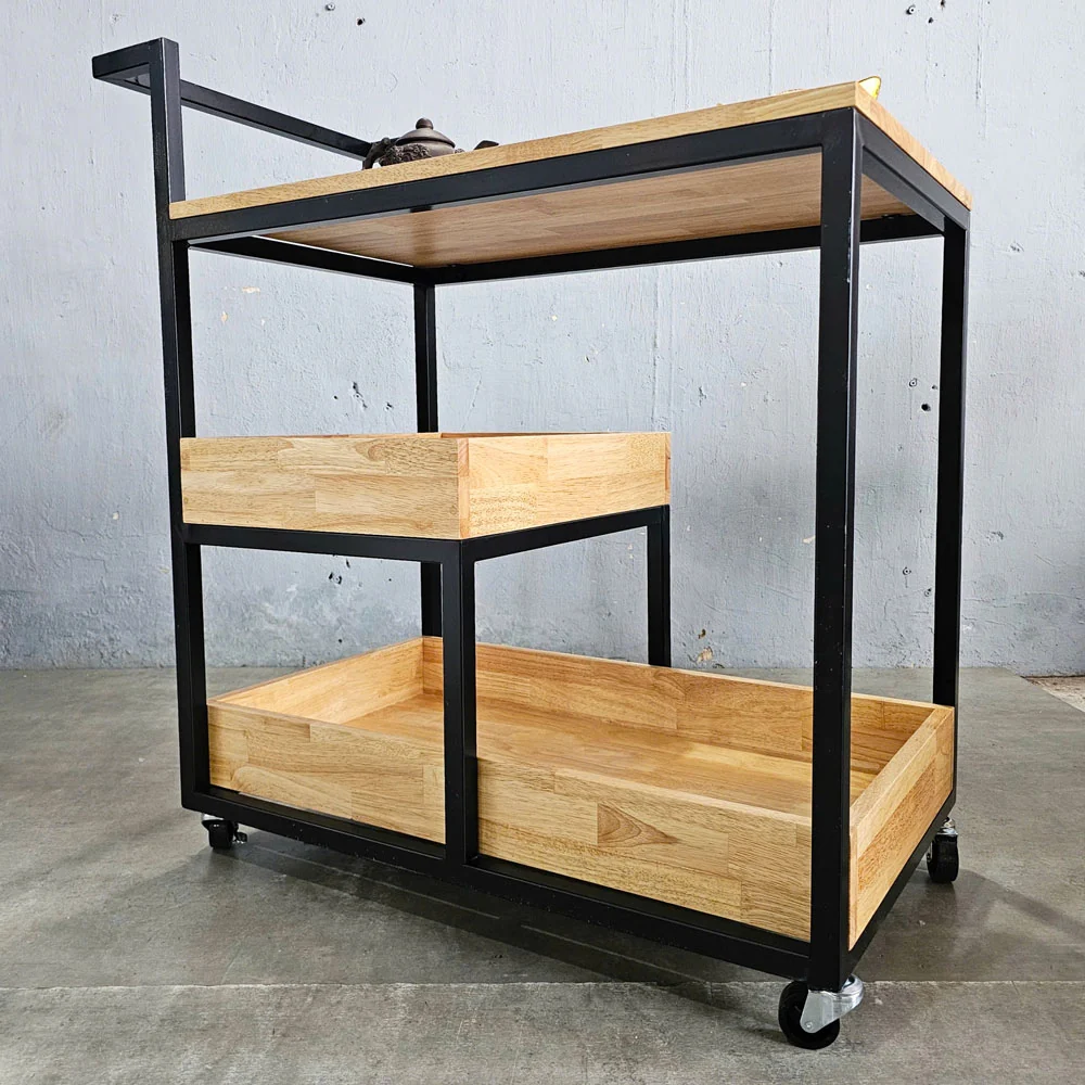 Tekkashop Kệ Đẩy Di Động 3 Tầng Đa Năng Có Tay Đẩy Gỗ Cao Su