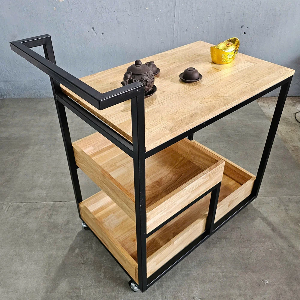 Tekkashop Kệ Đẩy Di Động 3 Tầng Đa Năng Có Tay Đẩy Gỗ Cao Su