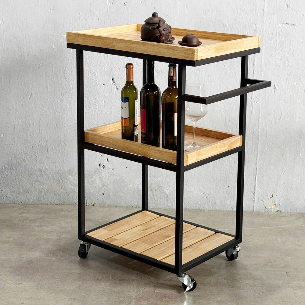 Tekkashop Kệ Đẩy Di Động Mini 3 Tầng Khung Sắt Gỗ Cao Su