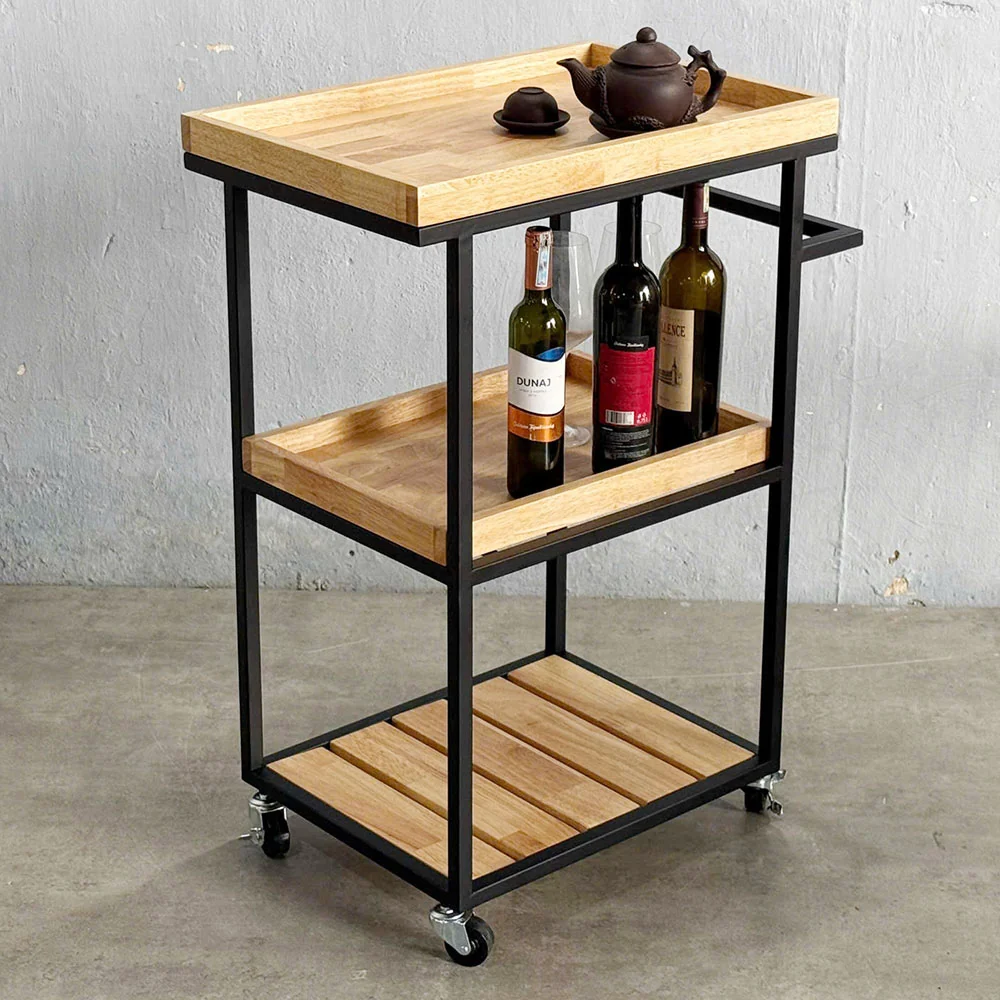 Tekkashop Kệ Đẩy Di Động Mini 3 Tầng Khung Sắt Gỗ Cao Su