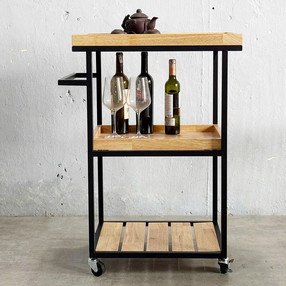 Tekkashop Kệ Đẩy Di Động Mini 3 Tầng Khung Sắt Gỗ Cao Su