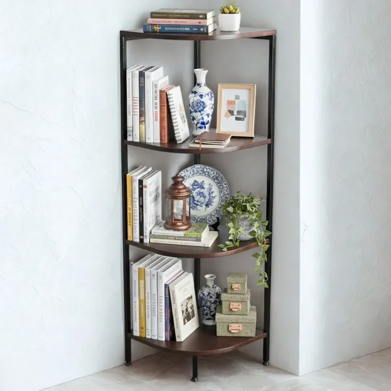 Tekkashop Kệ Góc Tường Hình Quạt 4 Tầng Khung Sắt Gỗ Cao Su