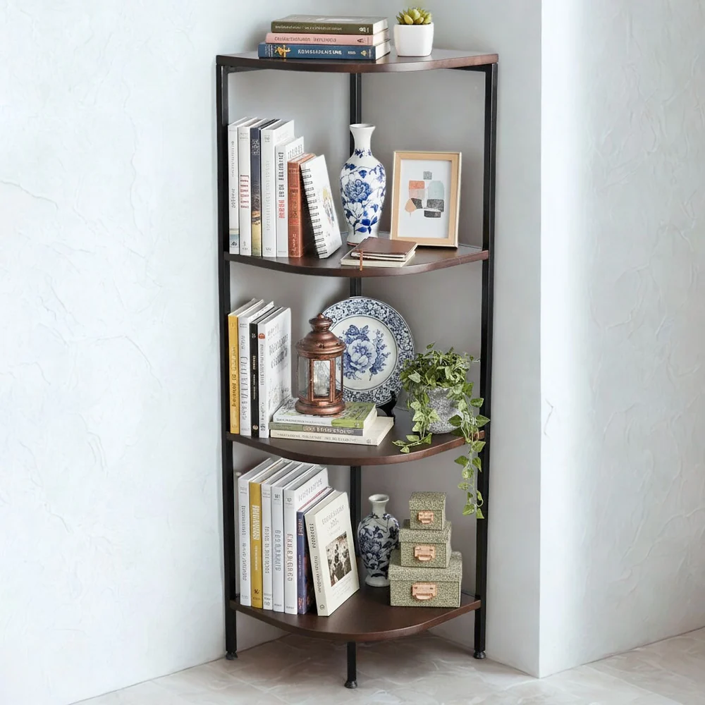 Tekkashop Kệ Góc Tường Hình Quạt 4 Tầng Khung Sắt Gỗ Cao Su