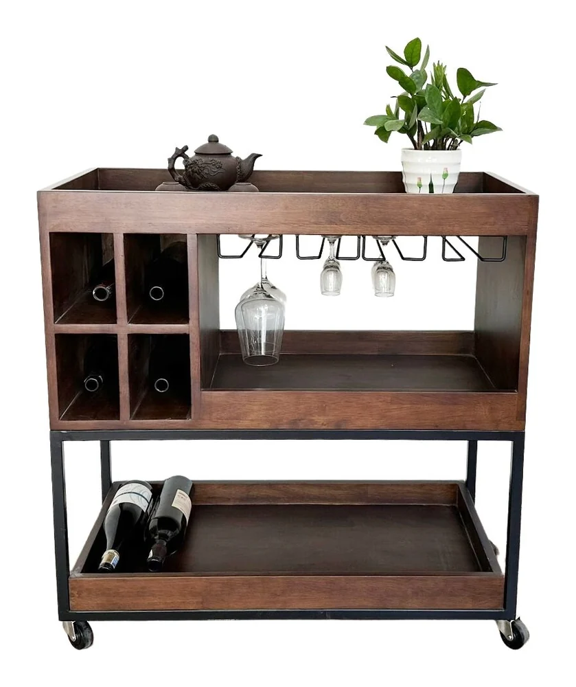 Tekkashop Kệ Rượu Di Động Có Giá Treo Ly Khung Sắt Gỗ Cao Su