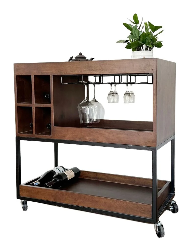 Tekkashop Kệ Rượu Di Động Có Giá Treo Ly Khung Sắt Gỗ Cao Su