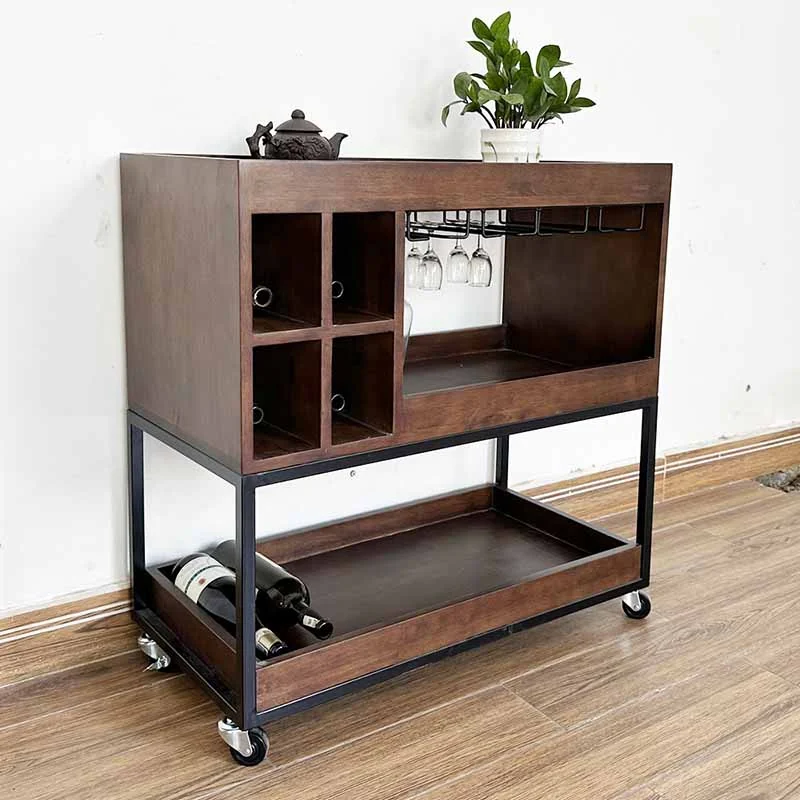 Tekkashop Kệ Rượu Di Động Có Giá Treo Ly Khung Sắt Gỗ Cao Su
