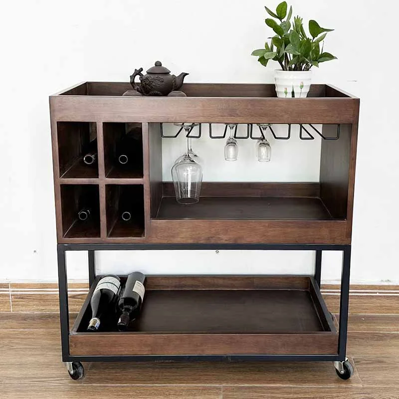 Tekkashop Kệ Rượu Di Động Có Giá Treo Ly Khung Sắt Gỗ Cao Su