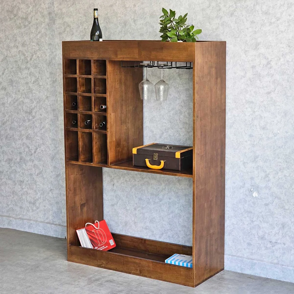 Tekkashop Kệ Rượu Đứng Có Ô Chai Và Giá Treo Ly Gỗ Cao Su