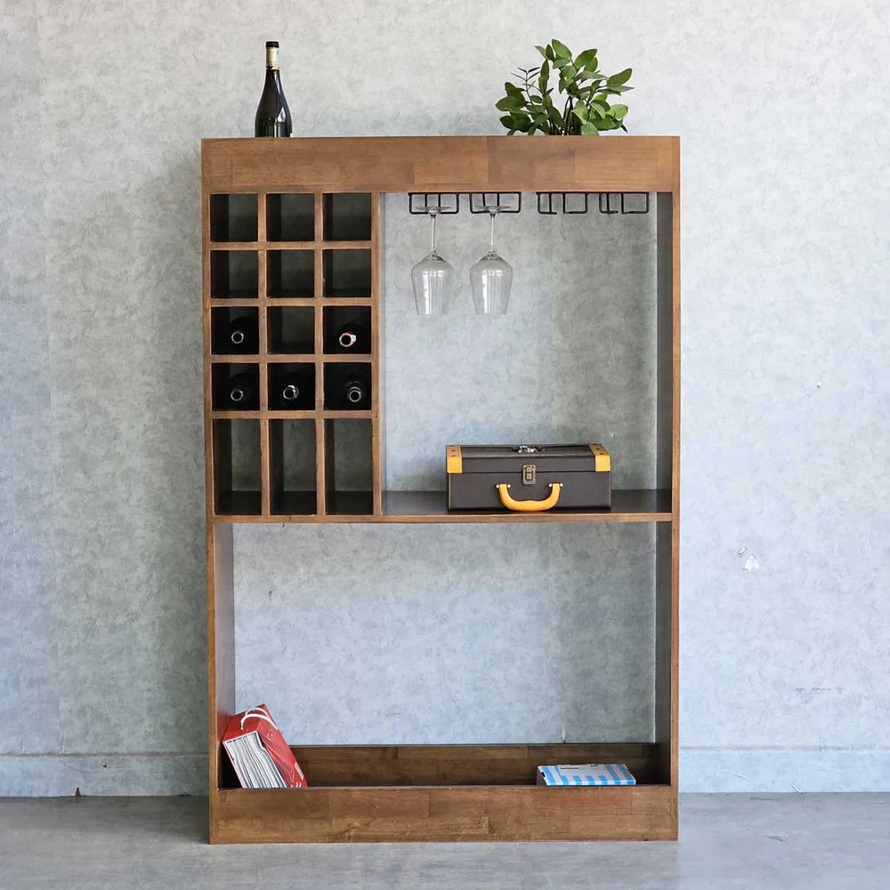 Tekkashop Kệ Rượu Đứng Có Ô Chai Và Giá Treo Ly Gỗ Cao Su