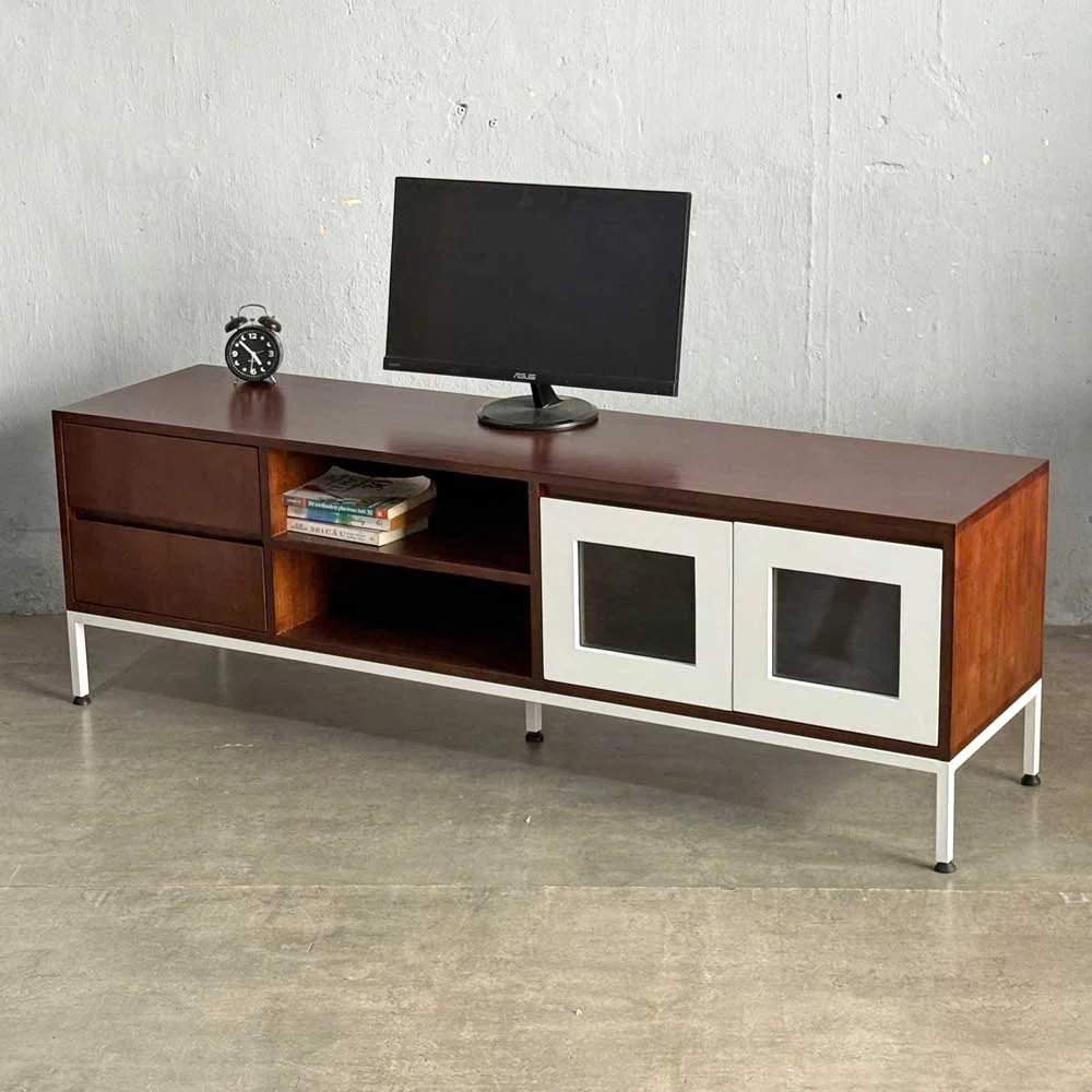 Tekkashop Kệ Tivi 2 Ngăn Kéo Cửa Kính Chân Sắt Gỗ Cao Su