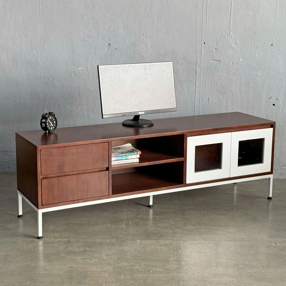 Tekkashop Kệ Tivi 2 Ngăn Kéo Cửa Kính Chân Sắt Gỗ Cao Su