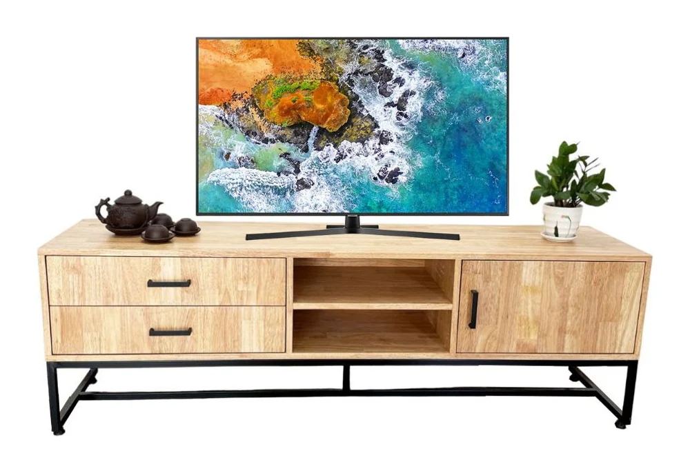 Tekkashop Kệ Tivi 2 Ngăn Kéo Kệ Mở Có Cửa Chân Sắt Gỗ Cao Su