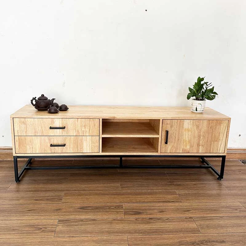 Tekkashop Kệ Tivi 2 Ngăn Kéo Kệ Mở Có Cửa Chân Sắt Gỗ Cao Su