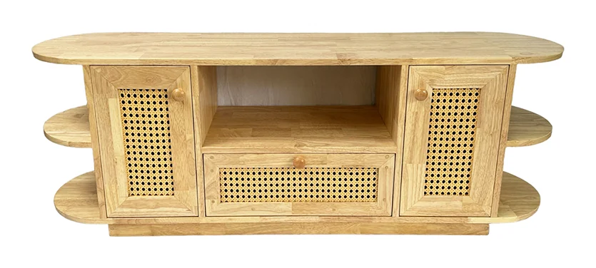 Tekkashop Kệ Tivi Bo Tròn Hai Đầu Cửa Lưới Mây Gỗ Cao Su