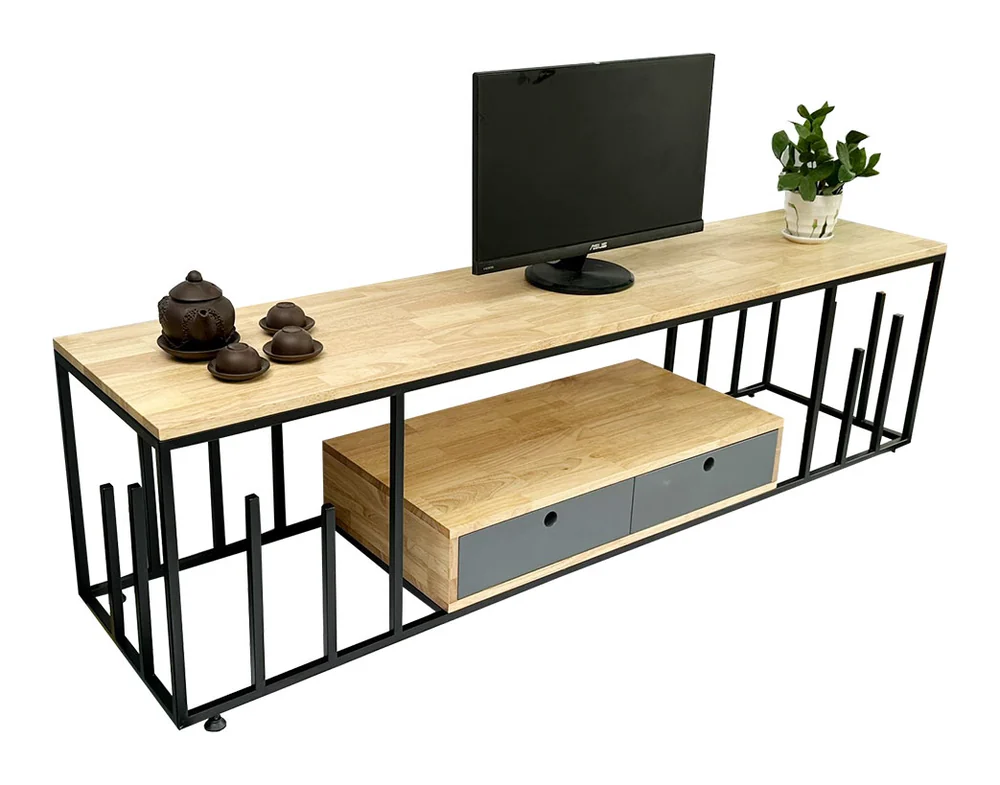 Tekkashop Kệ Tivi Có 2 Ngăn Kéo Khung Sắt Song Đan Xen Gỗ Cao Su