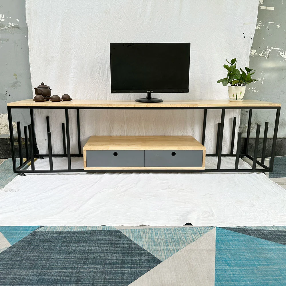 Tekkashop Kệ Tivi Có 2 Ngăn Kéo Khung Sắt Song Đan Xen Gỗ Cao Su