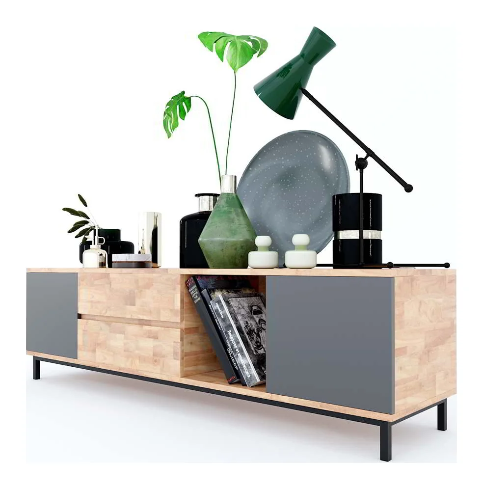 Tekkashop Kệ Tivi Có Ngăn Kéo Cửa Xám Chân Sắt Gỗ Cao Su