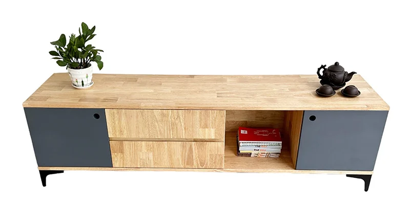 Tekkashop Kệ Tivi Có Ngăn Kéo Cửa Xám Chân Sắt Gỗ Cao Su
