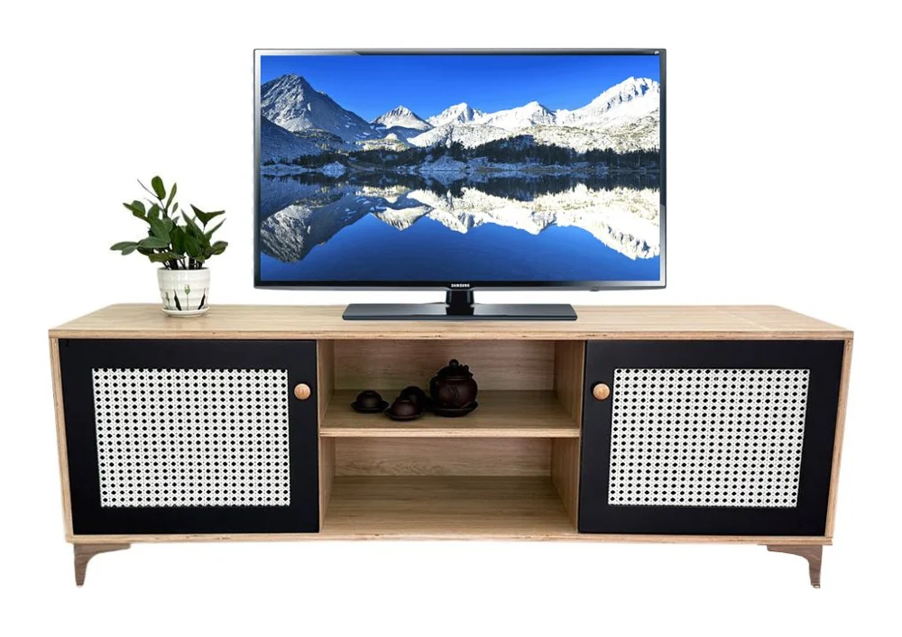 Tekkashop Kệ Tivi Cửa Lưới Mây Kệ Mở Giữa Chân Kim Loại Gỗ Plywood