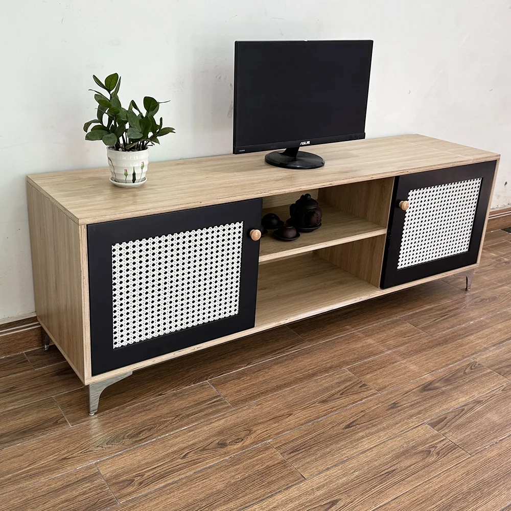 Tekkashop Kệ Tivi Cửa Lưới Mây Kệ Mở Giữa Chân Kim Loại Gỗ Plywood