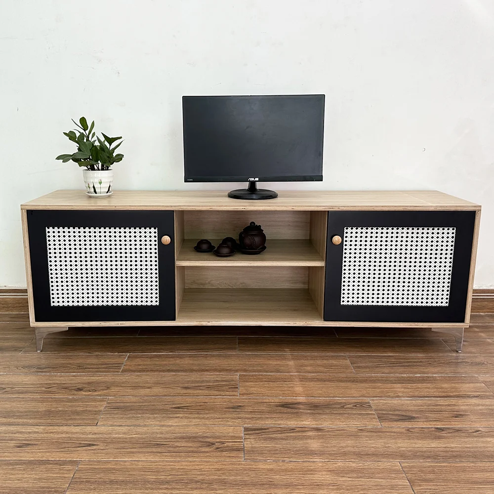 Tekkashop Kệ Tivi Cửa Lưới Mây Kệ Mở Giữa Chân Kim Loại Gỗ Plywood
